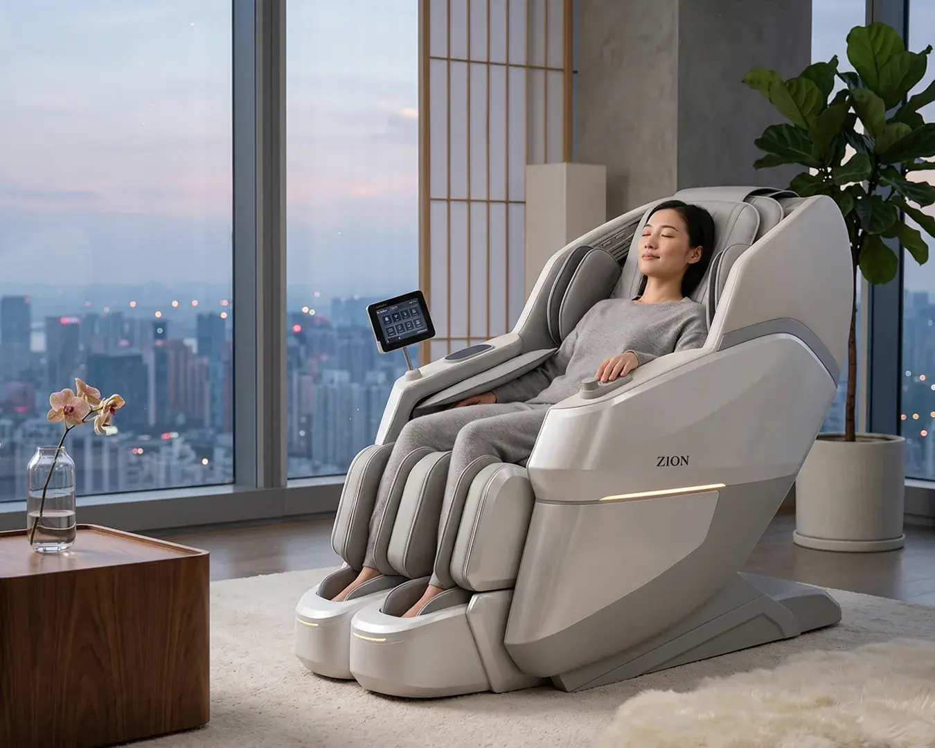 A woman relaxing in a ZION massage chair beside a city-skyline window