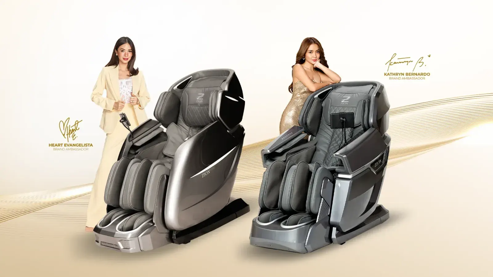 ZION brand ambassadors Heart Evangelista and Kathryn Bernardo beside ZION massage chairs